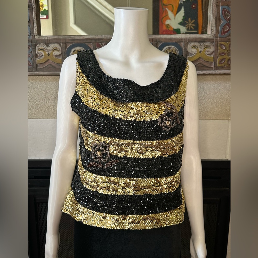 60s Black & Gold Sequin Top Armpit To Armpit 19” Length 19.5” VTG Metal Zipper